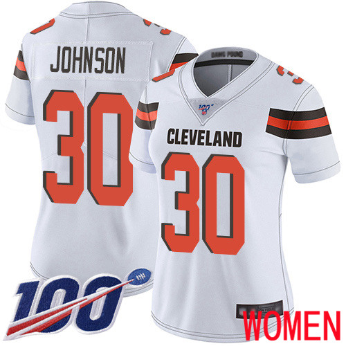 Cleveland Browns D Ernest Johnson Women White Limited Jersey #30 NFL Football Road 100th Season Vapor Untouchable